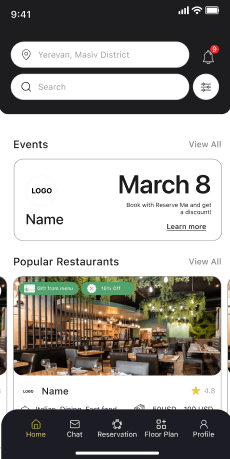 ReserveMe Client App home screen